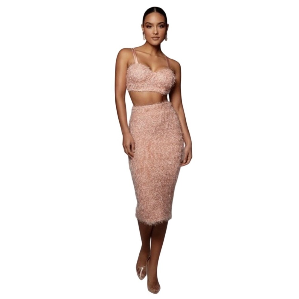 JLUXLABEL Dusty Rose Pink Fuzzy Eyelash Knit Midi Skirt Metallic Shimmer S EUC